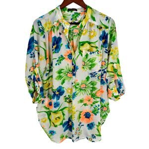 DEPRI Womens Sz Large Tropical Beach Floral Neon Lightweight Blouse Shirt Top
